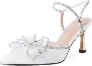 Eldof Women's Heels with Bow Sparkly Rhinestone Closed Pointed Toe Ankle Strap Stiletto Heel Pumps 3 Inches