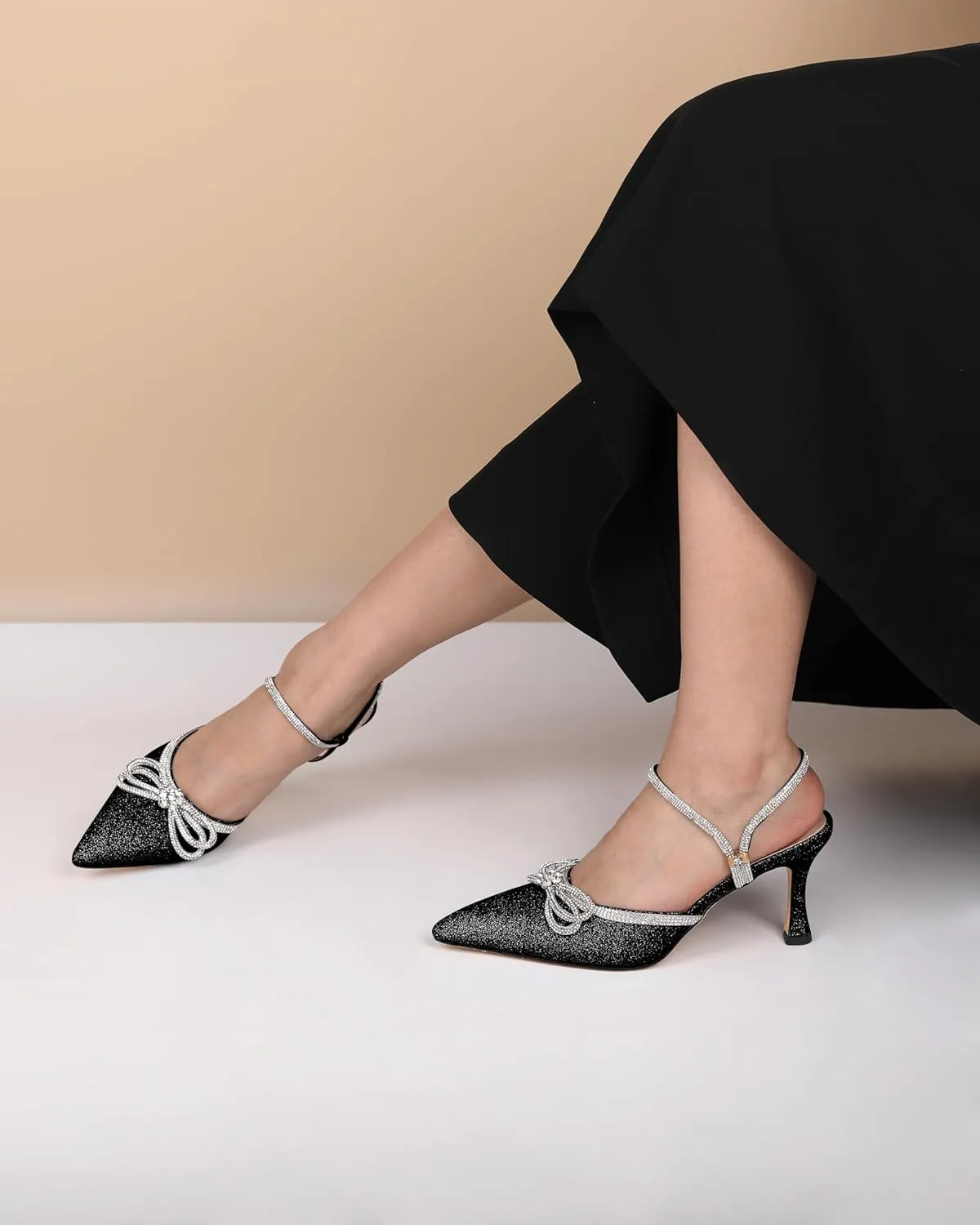 Eldof Women's Heels with Bow Sparkly Rhinestone Closed Pointed Toe Ankle Strap Stiletto Heel Pumps 3 Inches