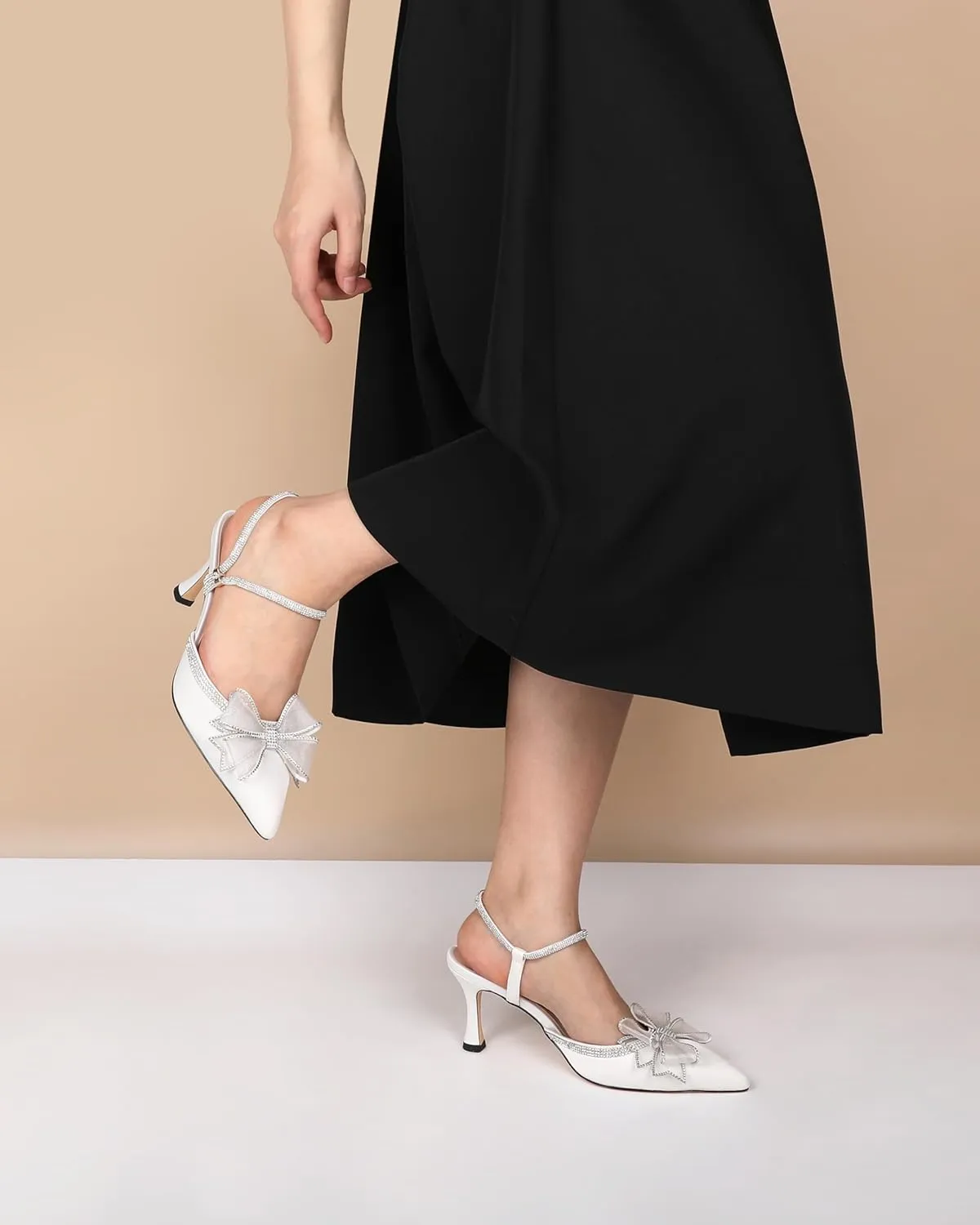 Eldof Women's Heels with Bow Sparkly Rhinestone Closed Pointed Toe Ankle Strap Stiletto Heel Pumps 3 Inches
