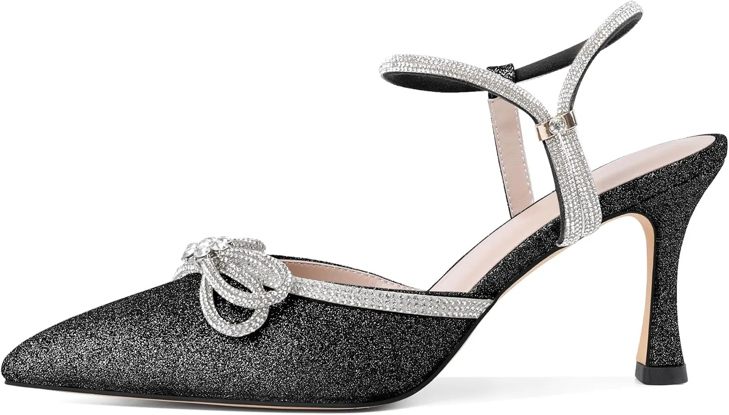Eldof Women's Heels with Bow Sparkly Rhinestone Closed Pointed Toe Ankle Strap Stiletto Heel Pumps 3 Inches