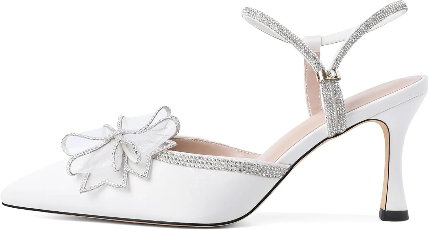 Eldof Women's Heels with Bow Sparkly Rhinestone Closed Pointed Toe Ankle Strap Stiletto Heel Pumps 3 Inches