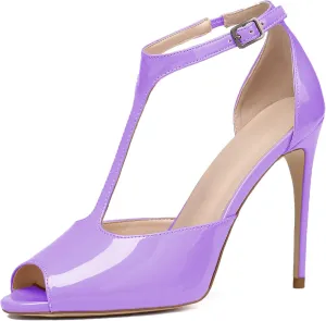 Eldof Womens Peep Toe T-Strap 4 Inch High Heel Stiletto Pumps Ankle Buckle High Heel Sandals Classic Office Dress Heels
