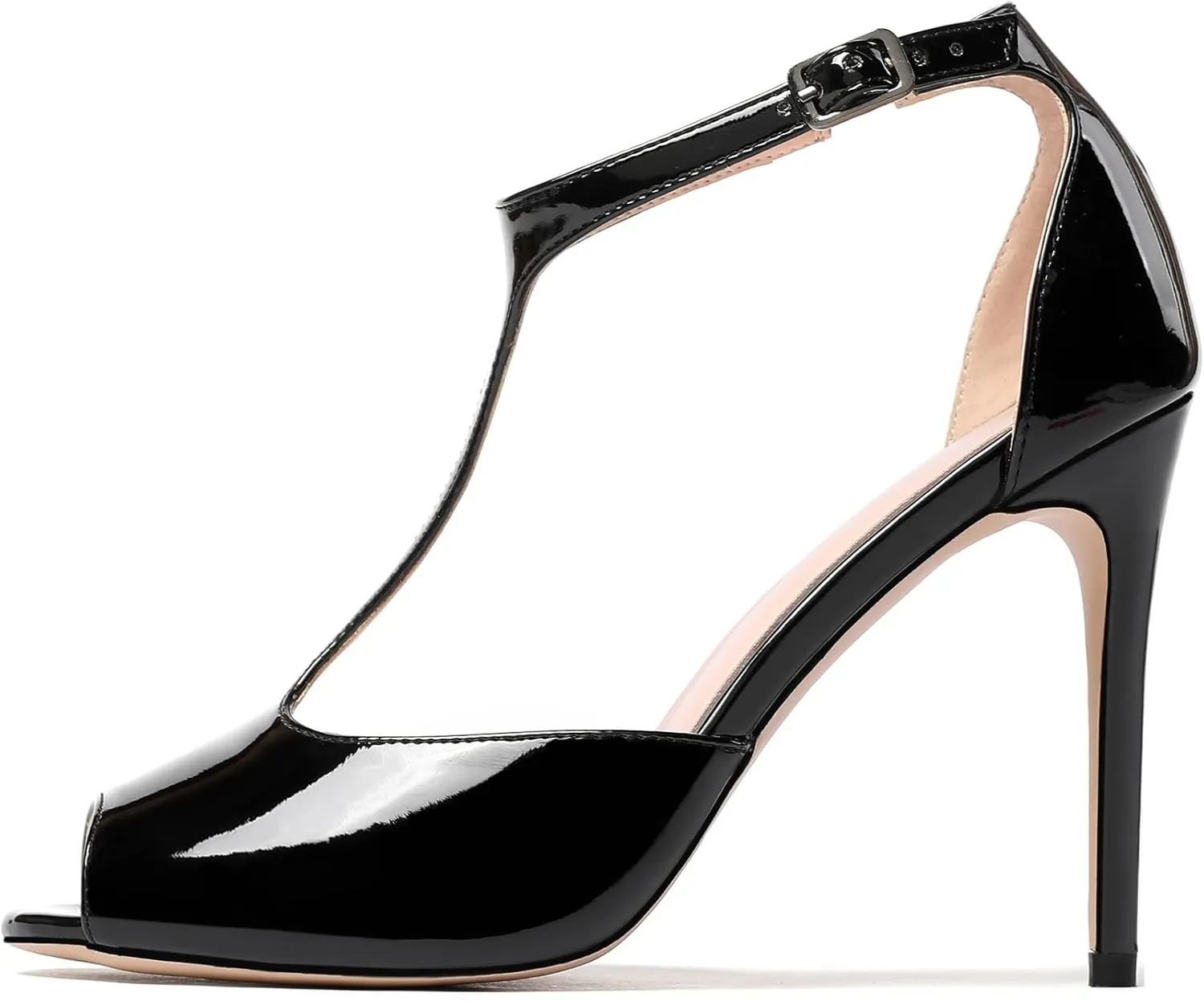 Eldof Womens Peep Toe T-Strap 4 Inch High Heel Stiletto Pumps Ankle Buckle High Heel Sandals Classic Office Dress Heels