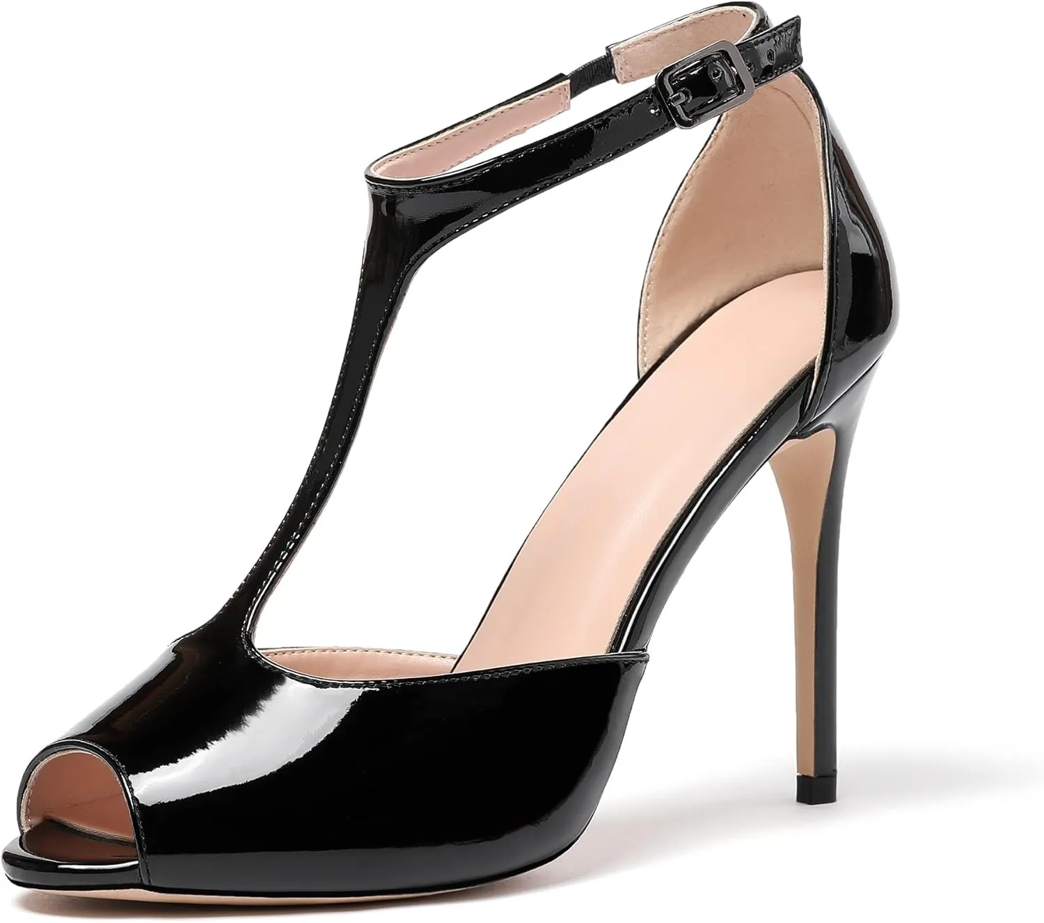 Eldof Womens Peep Toe T-Strap 4 Inch High Heel Stiletto Pumps Ankle Buckle High Heel Sandals Classic Office Dress Heels
