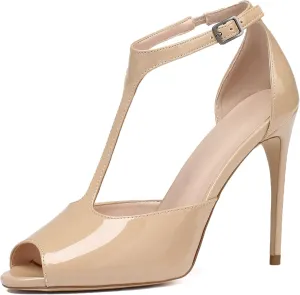 Eldof Womens Peep Toe T-Strap 4 Inch High Heel Stiletto Pumps Ankle Buckle High Heel Sandals Classic Office Dress Heels