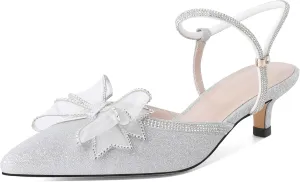 Eldof Women's Rhinestone Bow Heels Sparkly Ankle Strap Closed Pointed Toe Kitten Low Heel Pumps 1.5 Inches