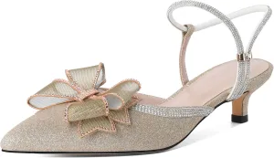 Eldof Women's Rhinestone Bow Heels Sparkly Ankle Strap Closed Pointed Toe Kitten Low Heel Pumps 1.5 Inches