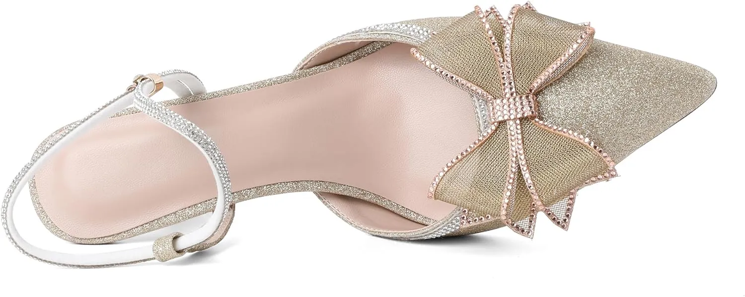 Eldof Women's Rhinestone Bow Heels Sparkly Ankle Strap Closed Pointed Toe Kitten Low Heel Pumps 1.5 Inches