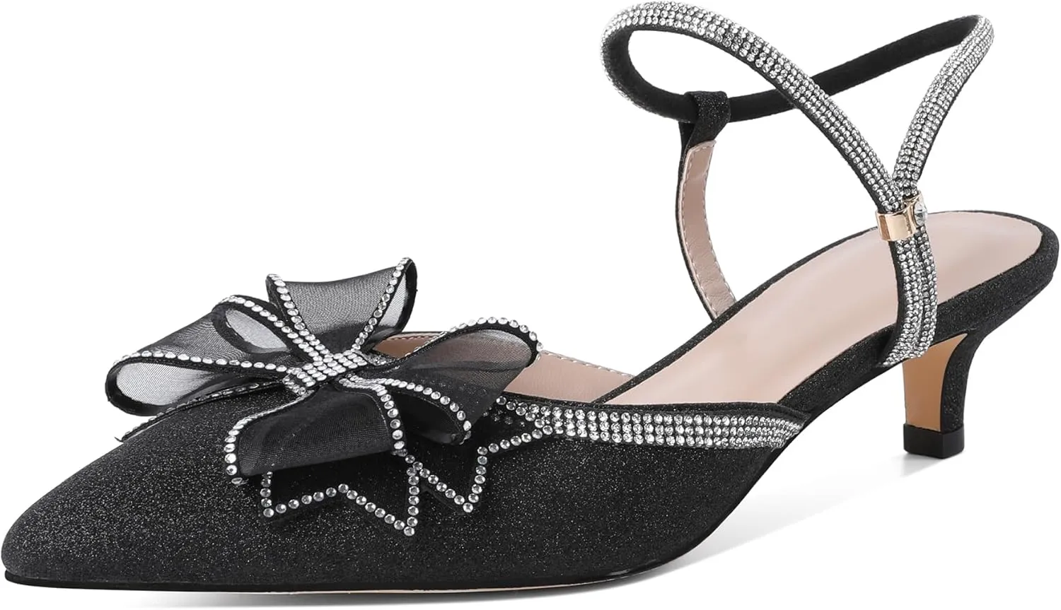 Eldof Women's Rhinestone Bow Heels Sparkly Ankle Strap Closed Pointed Toe Kitten Low Heel Pumps 1.5 Inches