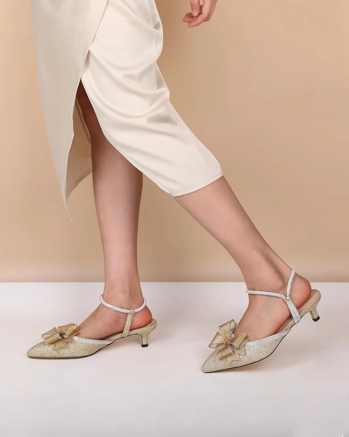 Eldof Women's Rhinestone Bow Heels Sparkly Ankle Strap Closed Pointed Toe Kitten Low Heel Pumps 1.5 Inches