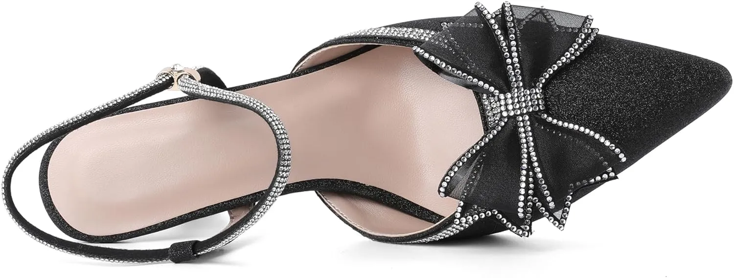 Eldof Women's Rhinestone Bow Heels Sparkly Ankle Strap Closed Pointed Toe Kitten Low Heel Pumps 1.5 Inches