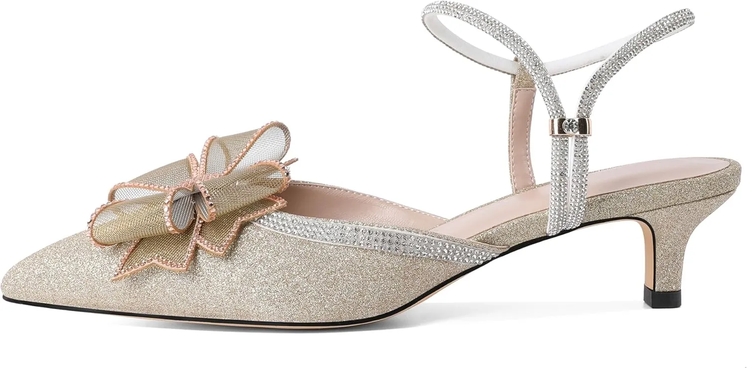 Eldof Women's Rhinestone Bow Heels Sparkly Ankle Strap Closed Pointed Toe Kitten Low Heel Pumps 1.5 Inches