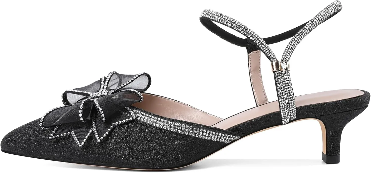 Eldof Women's Rhinestone Bow Heels Sparkly Ankle Strap Closed Pointed Toe Kitten Low Heel Pumps 1.5 Inches