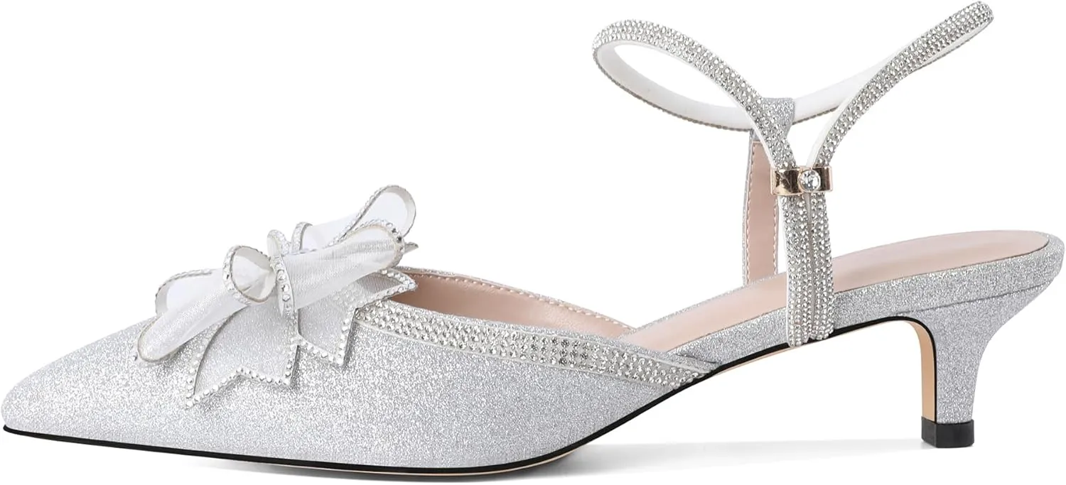 Eldof Women's Rhinestone Bow Heels Sparkly Ankle Strap Closed Pointed Toe Kitten Low Heel Pumps 1.5 Inches