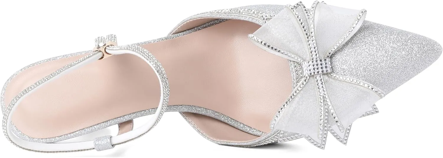 Eldof Women's Rhinestone Bow Heels Sparkly Ankle Strap Closed Pointed Toe Kitten Low Heel Pumps 1.5 Inches