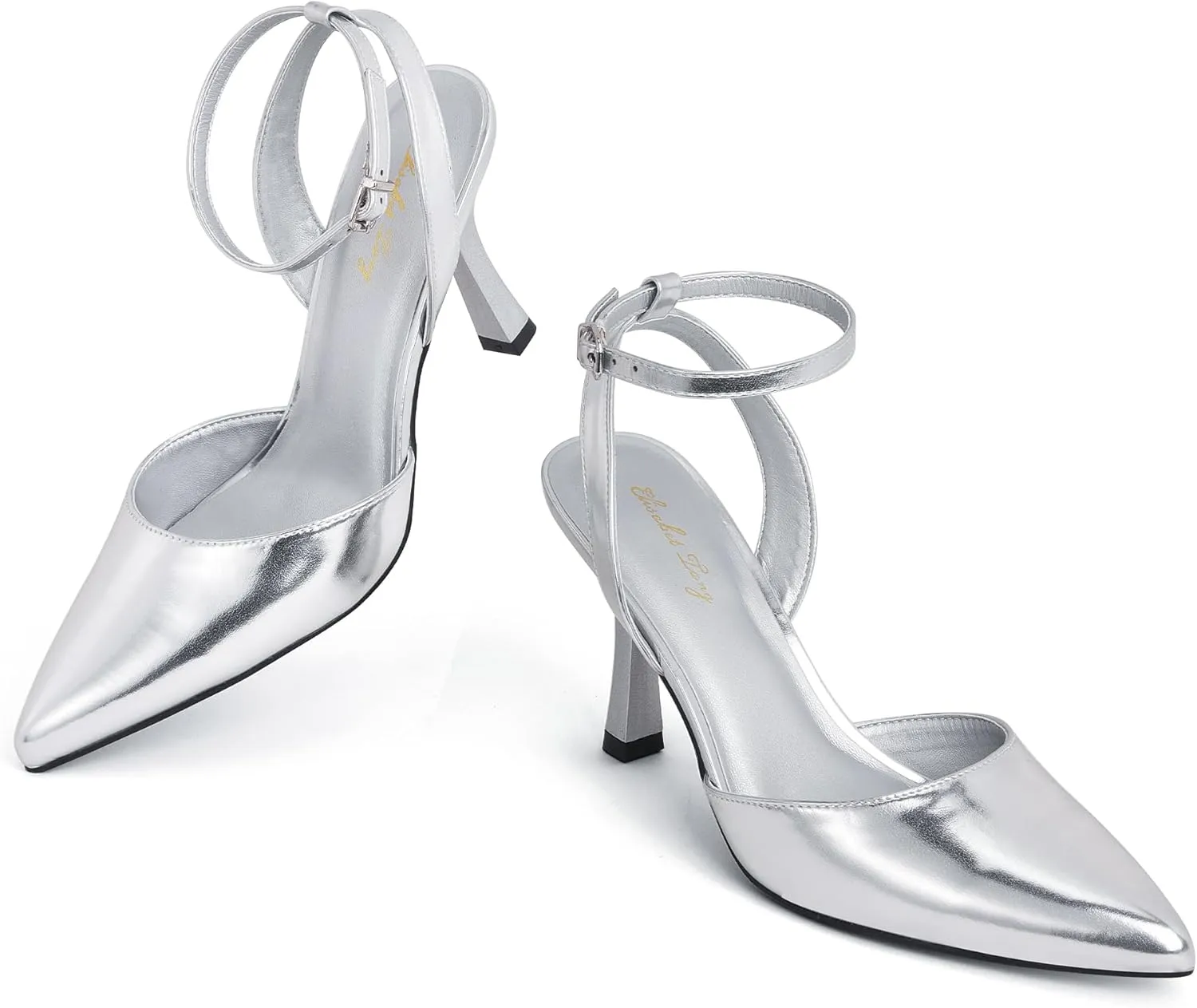 Elisabet Tang 3.42 inch Trendy Ankle Strap Pumps for Women - Sexy Closed Pointed Toe mid Stiletto Heels for Prom Party