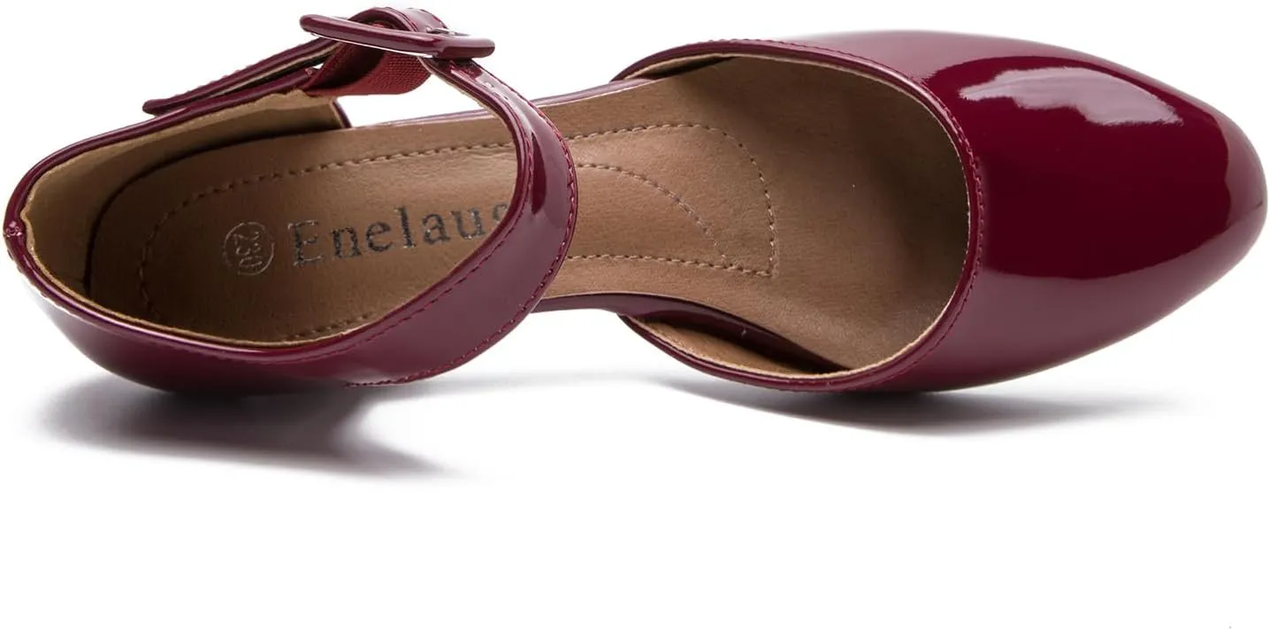 Enelauge Women's Ankle Strap Closed Toe Low Chunky Heel Dress Work Pumps