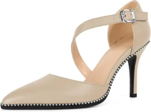 Esvowido Pointed Closed Toe Heels for Women Beaded Ankle Strap Pumps D'Orsay Stiletto High Heels Office Party Wedding 3.5 Inch Dress Shoes
