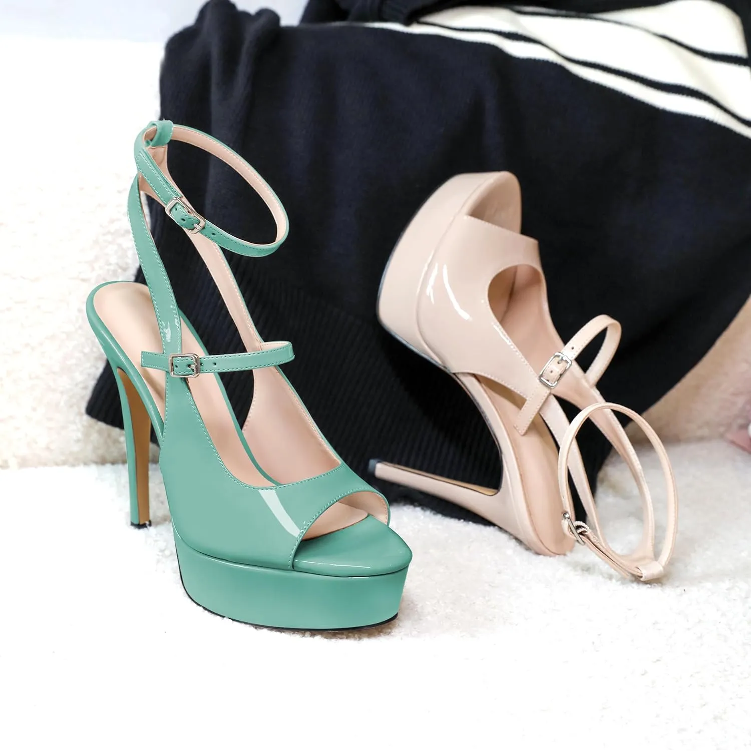 Esvowido Women's Peep Toe High Heels Platform Stilettos Ankle Strap Heeled Sandals Strappy Dress Shoes 5 Inch Wedding Party Dress Shoes