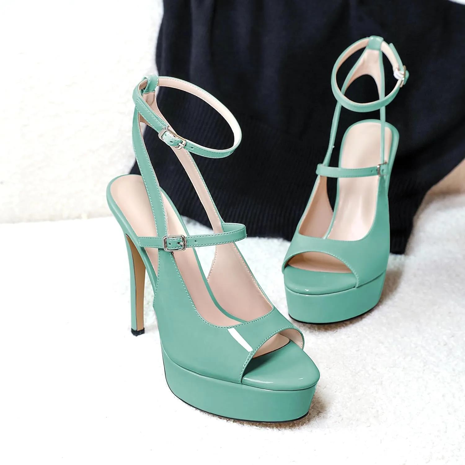 Esvowido Women's Peep Toe High Heels Platform Stilettos Ankle Strap Heeled Sandals Strappy Dress Shoes 5 Inch Wedding Party Dress Shoes