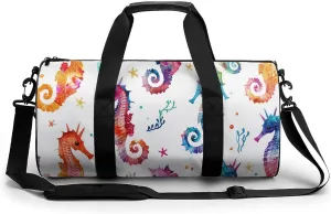 Expert Art of Seahorses Travel Gym Bag for Women Men Colorful Cylindrical Duffle Bag Sport Workout Bag with Shoulder Strap