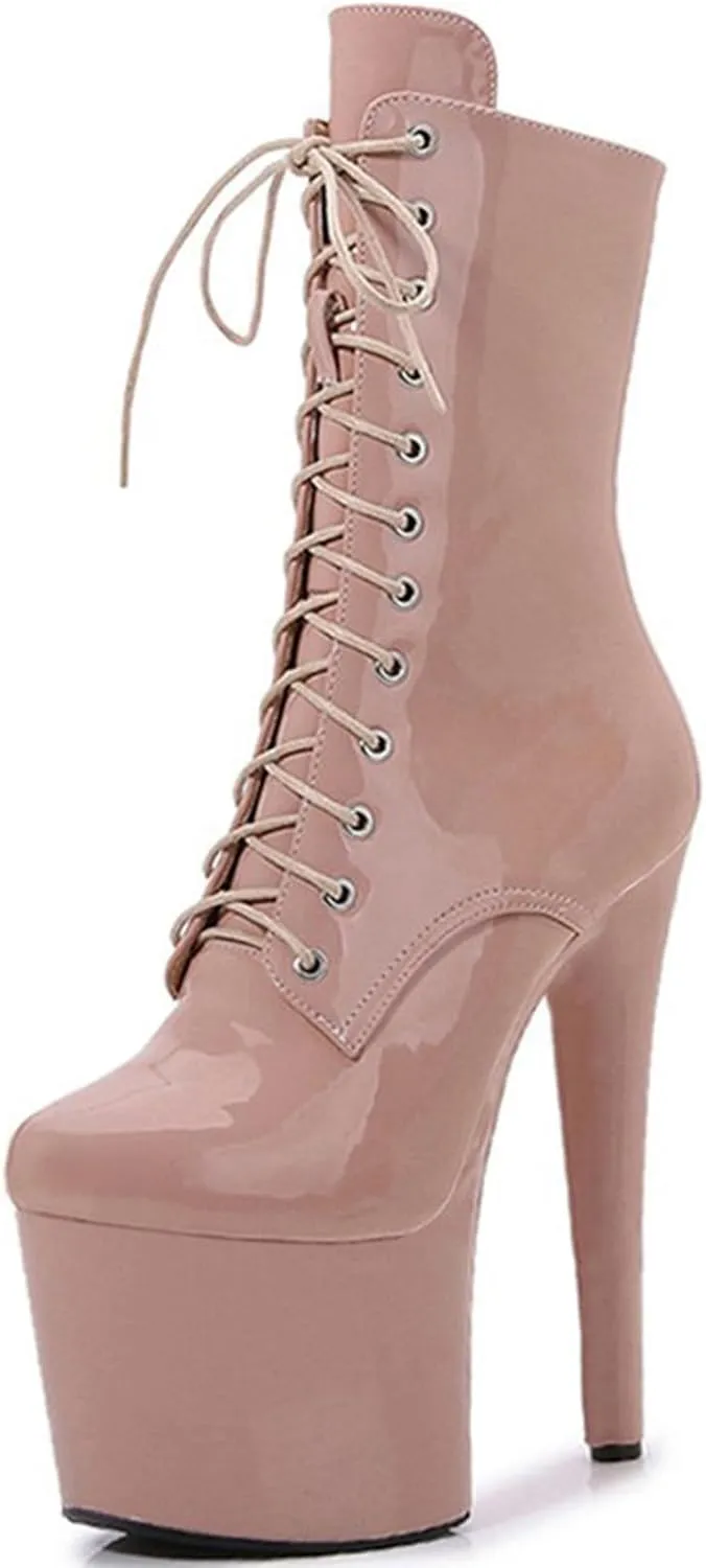 F&A LOVING Women Ankle Boots 7 Inch Pole Dance Boot Platform Patent Stiletto High Heel Round Toe Shoes