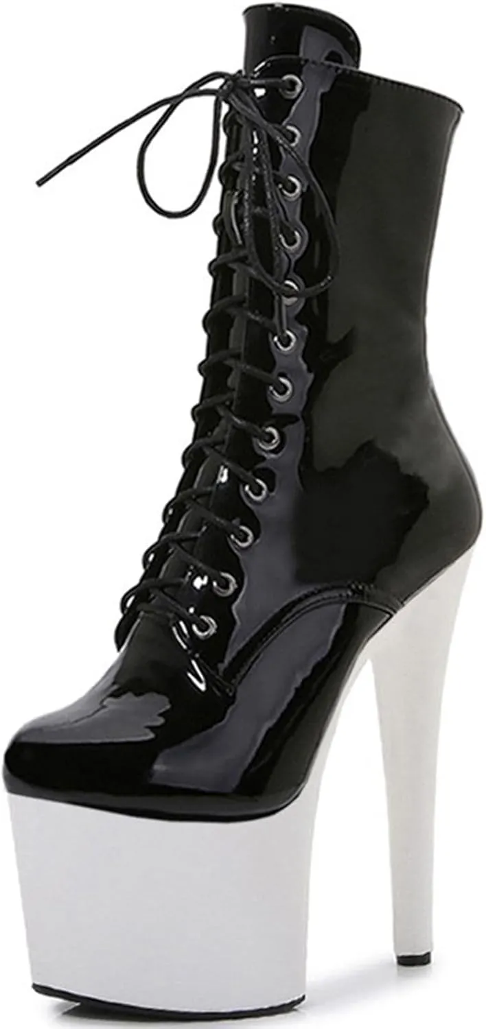 F&A LOVING Women Ankle Boots 7 Inch Pole Dance Boot Platform Patent Stiletto High Heel Round Toe Shoes