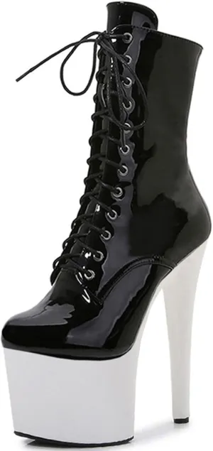 F&A LOVING Women Ankle Boots 7 Inch Pole Dance Boot Platform Patent Stiletto High Heel Round Toe Shoes