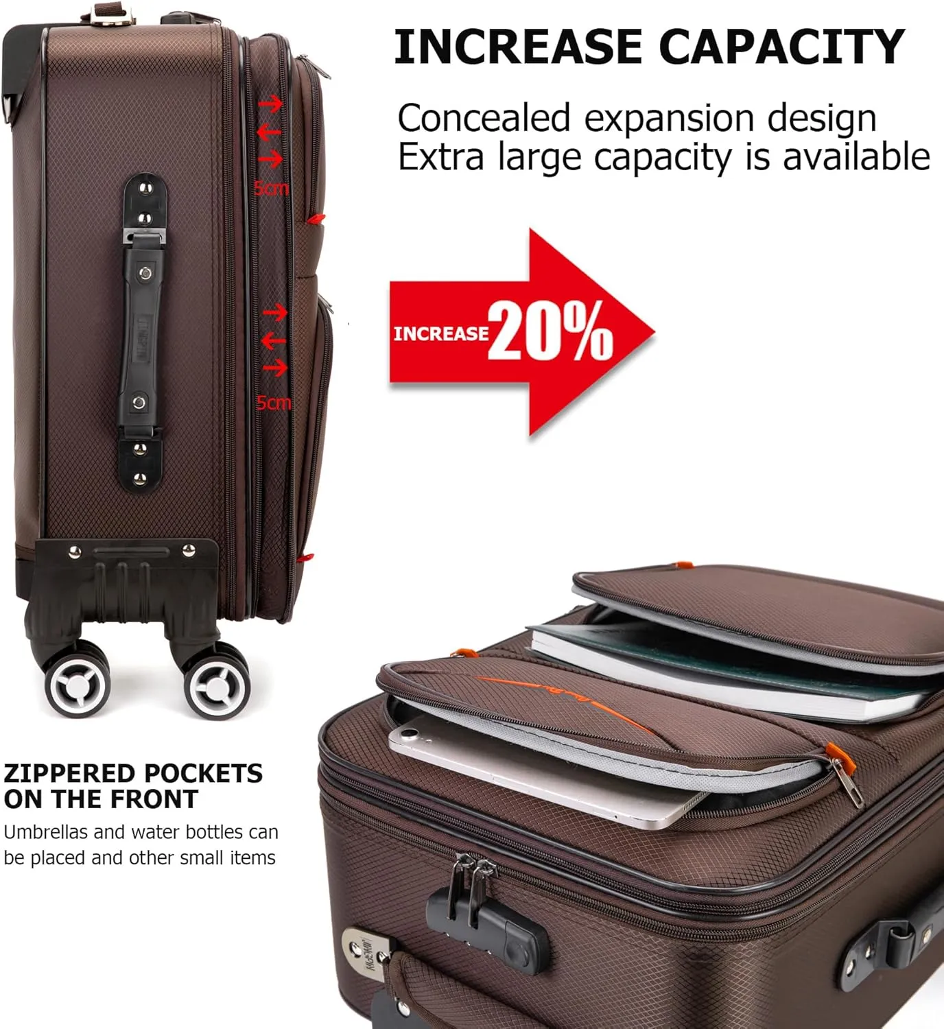 feilario 20in 2 Piece Softside Business Luggage Sets Waterproof Carry On Luggage Suitcase with Double Spinner Wheels - Coffee