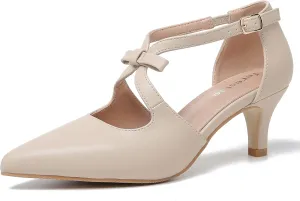fereshte Women's Kitten Heels T Strap 2 Inch Low Heel Bow Pointed Toe D'Orsay Dressy Pumps