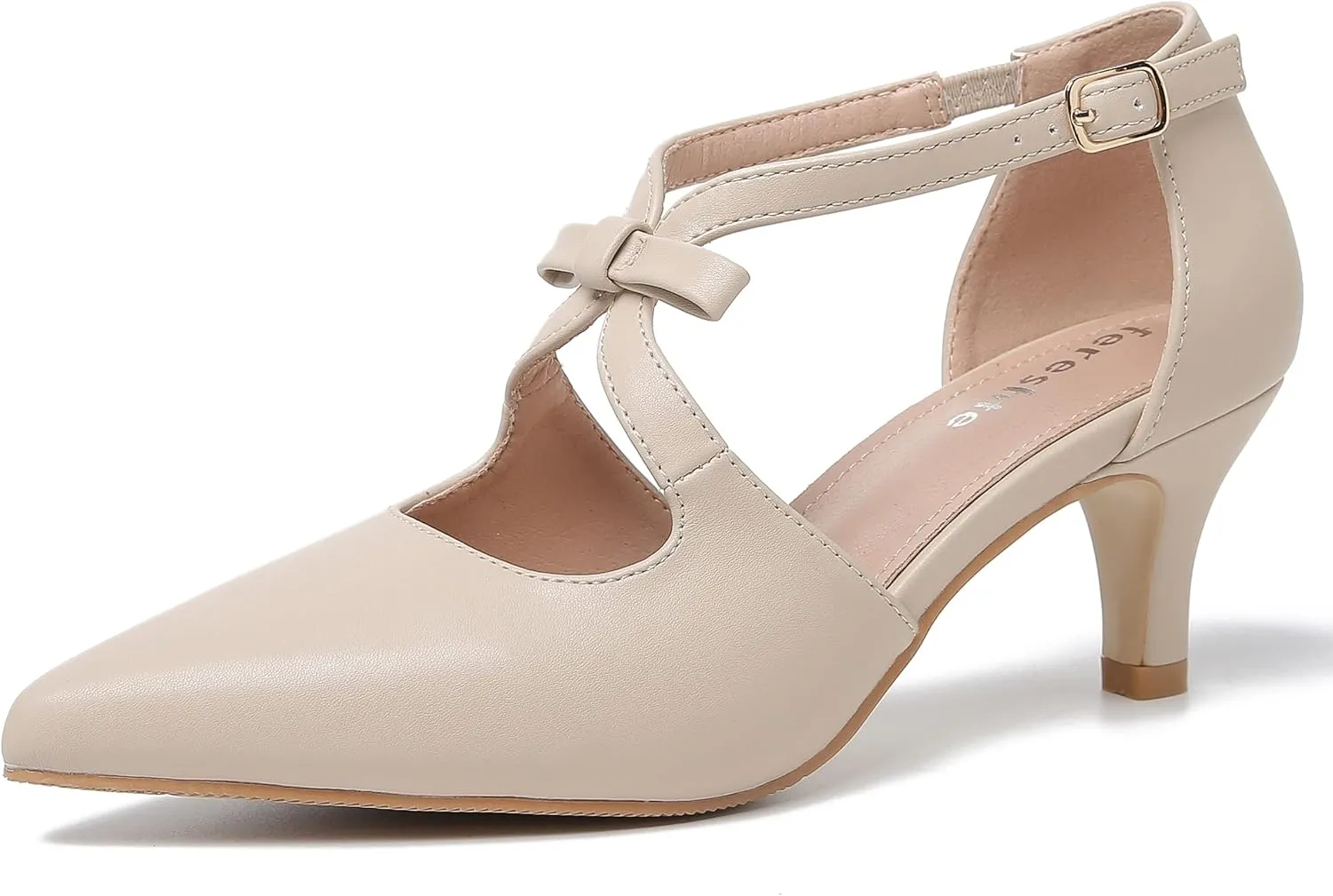 fereshte Women's Kitten Heels T Strap 2 Inch Low Heel Bow Pointed Toe D'Orsay Dressy Pumps