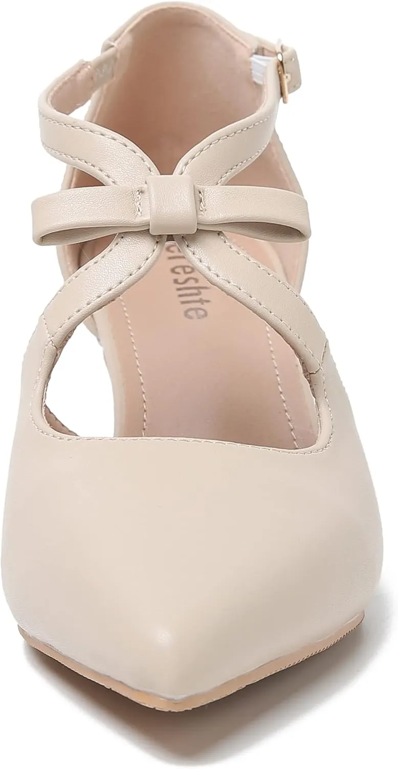 fereshte Women's Kitten Heels T Strap 2 Inch Low Heel Bow Pointed Toe D'Orsay Dressy Pumps