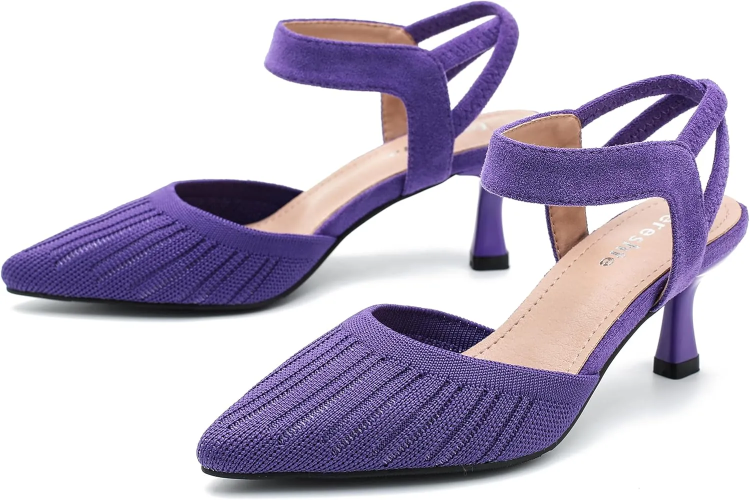 fereshte Women's Low Kitten Heels Knit Pumps Elastic Ankle Strap Slingback Dress Shoes