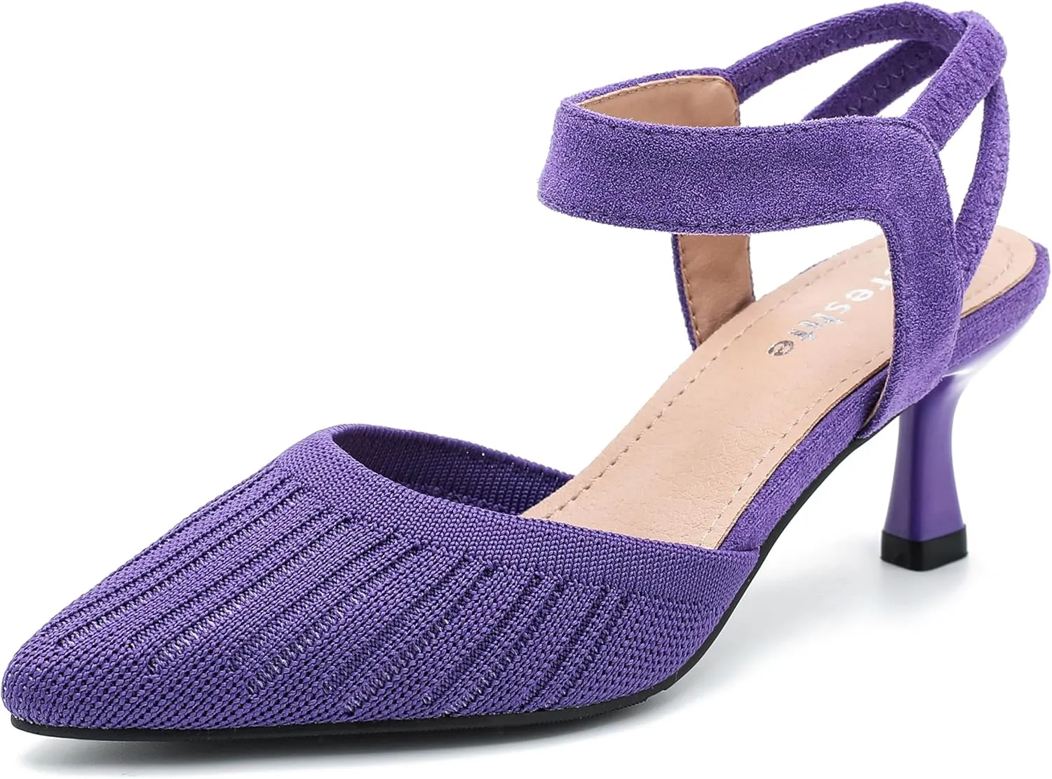 fereshte Women's Low Kitten Heels Knit Pumps Elastic Ankle Strap Slingback Dress Shoes