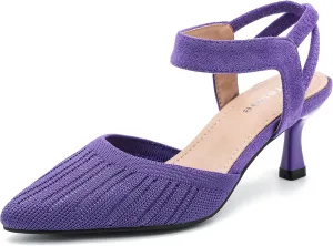fereshte Women's Low Kitten Heels Knit Pumps Elastic Ankle Strap Slingback Dress Shoes