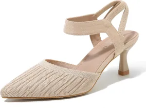 fereshte Women's Low Kitten Heels Knit Pumps Elastic Ankle Strap Slingback Dress Shoes