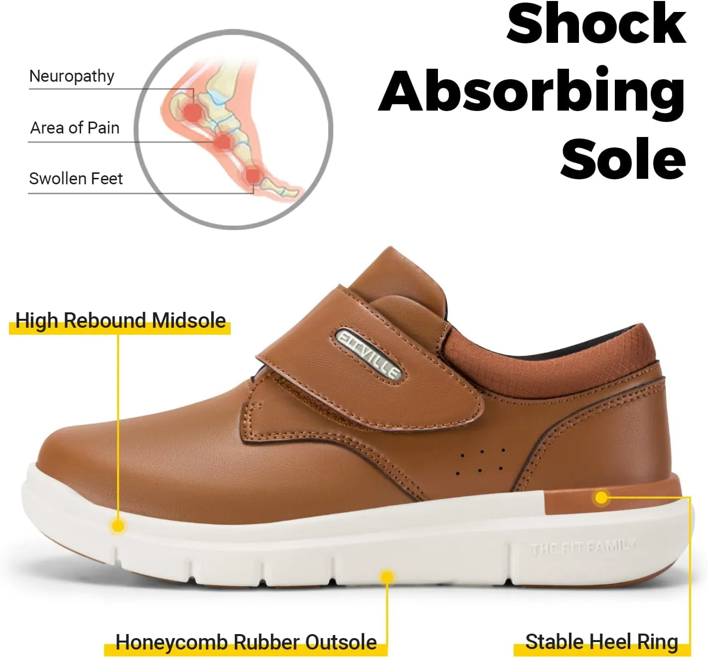 FitVille Diabetic Shoes for Men Extra Wide Slip-on Walking Shoes for Edema Hook & Loop Recovery Leather Oxford Shoes for Swollen Feet
