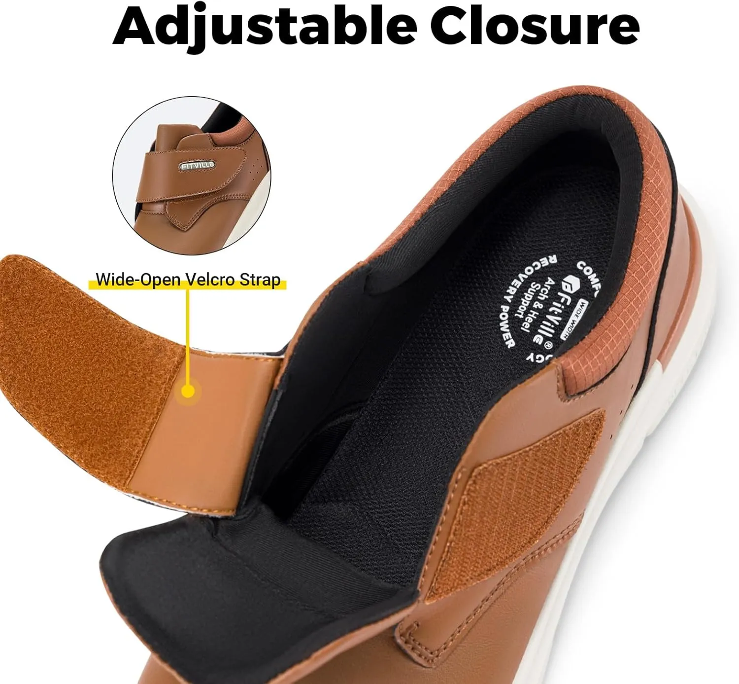 FitVille Diabetic Shoes for Men Extra Wide Slip-on Walking Shoes for Edema Hook & Loop Recovery Leather Oxford Shoes for Swollen Feet