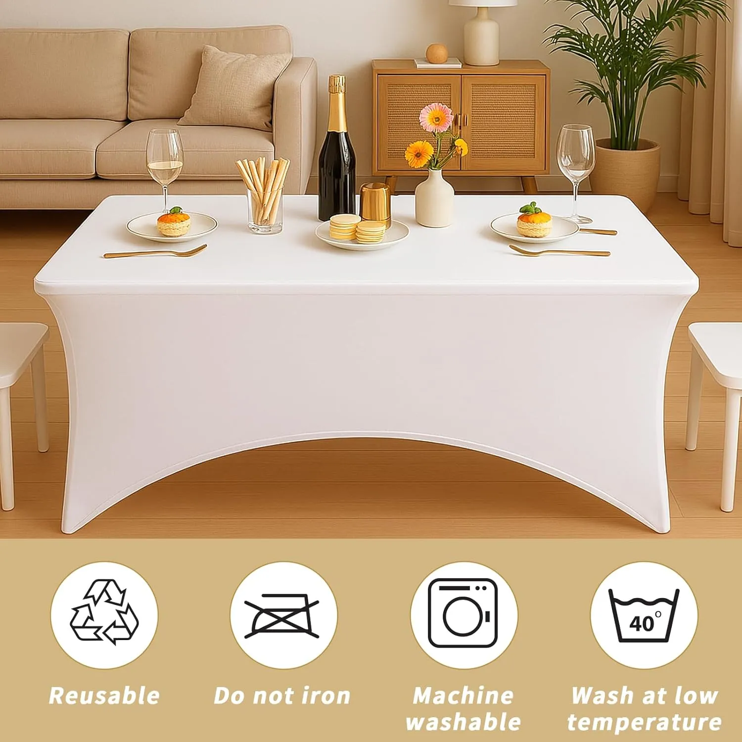 Fixwal 3 Pack Raw White Table Cloths Rectangle 6FT, Tablecloths Rectangular Stretch Spandex Fitted Table Covers 6 ft for Parties, Trade Shows, Banquet, Weddings, Buffet, Graduation Decorations