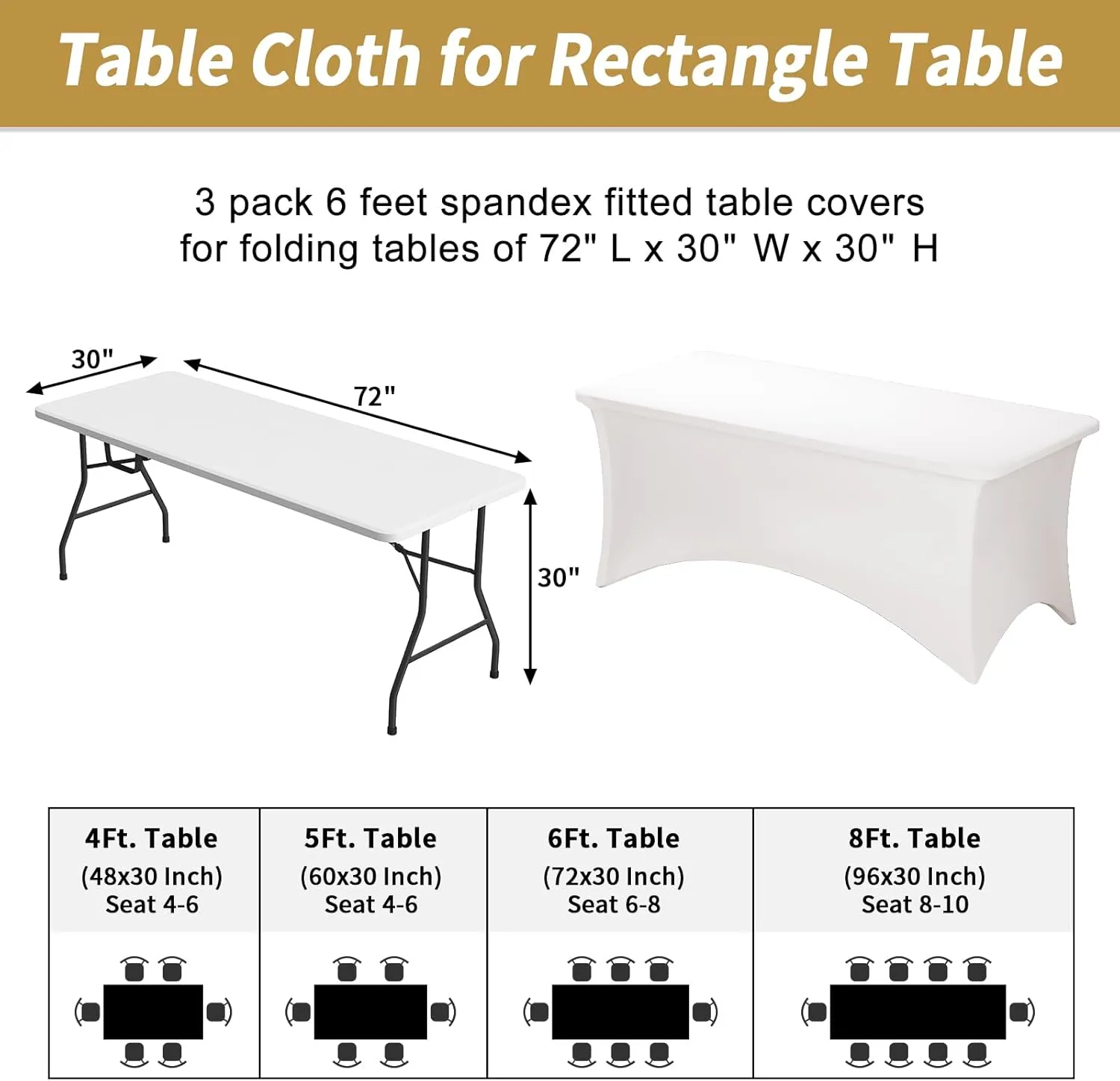 Fixwal 3 Pack Raw White Table Cloths Rectangle 6FT, Tablecloths Rectangular Stretch Spandex Fitted Table Covers 6 ft for Parties, Trade Shows, Banquet, Weddings, Buffet, Graduation Decorations