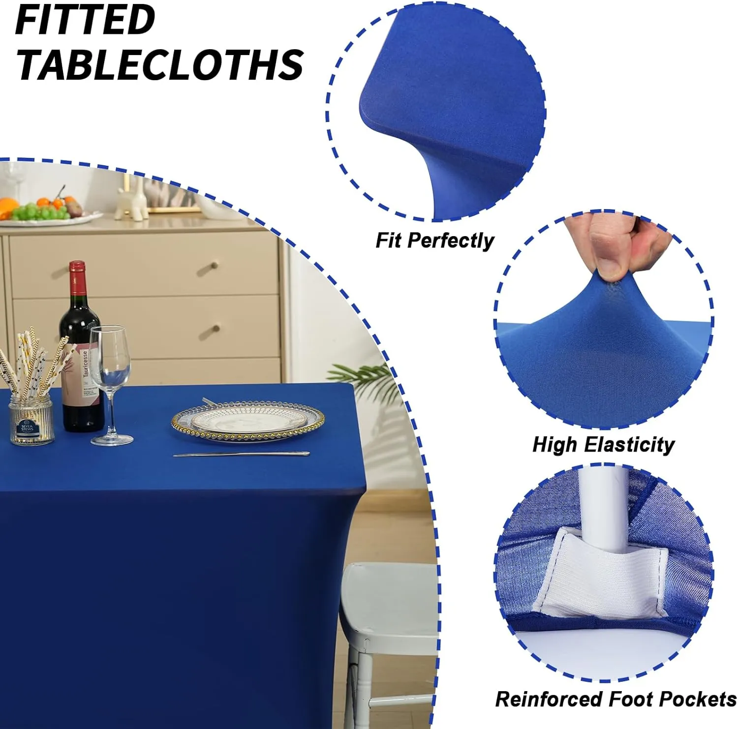 Fixwal 3 Pack Royal Blue Table Cloths Rectangle 6FT, Tablecloths Rectangular Stretch Spandex Fitted Table Covers 6 ft for Parties, Trade Shows, Banquet, Weddings, Buffet, Graduation Decorations