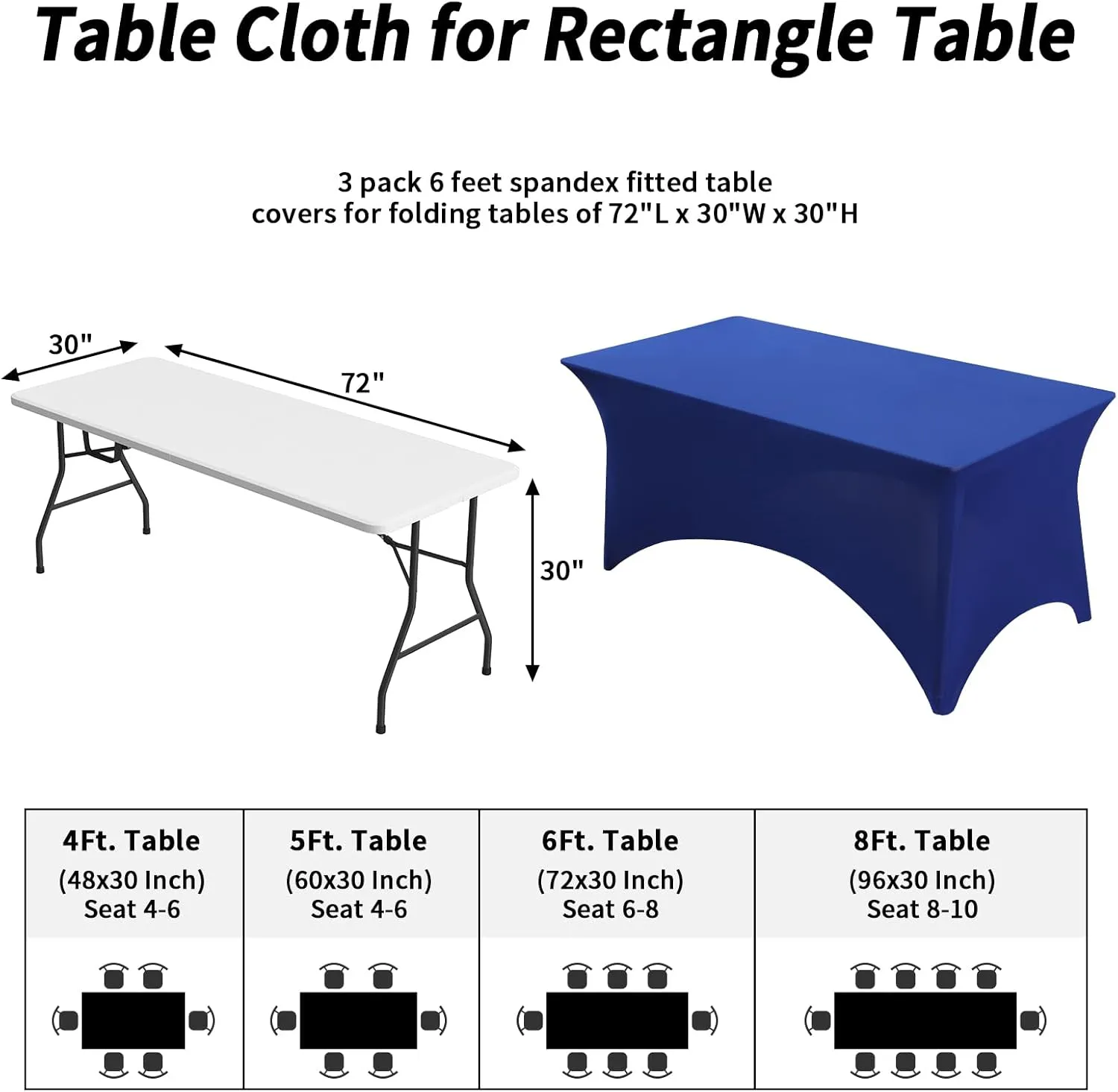Fixwal 3 Pack Royal Blue Table Cloths Rectangle 6FT, Tablecloths Rectangular Stretch Spandex Fitted Table Covers 6 ft for Parties, Trade Shows, Banquet, Weddings, Buffet, Graduation Decorations