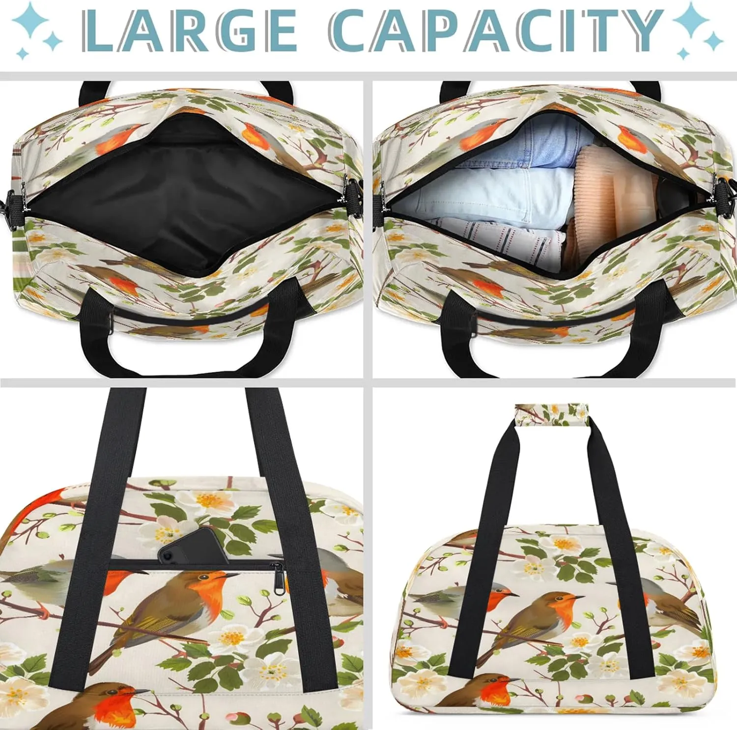 Floral Bird Small Gym Bag 18 inch Carry On Duffel Bag for Weekender Travel Sports Workout Yoga Gymnastics Dance Ballet
