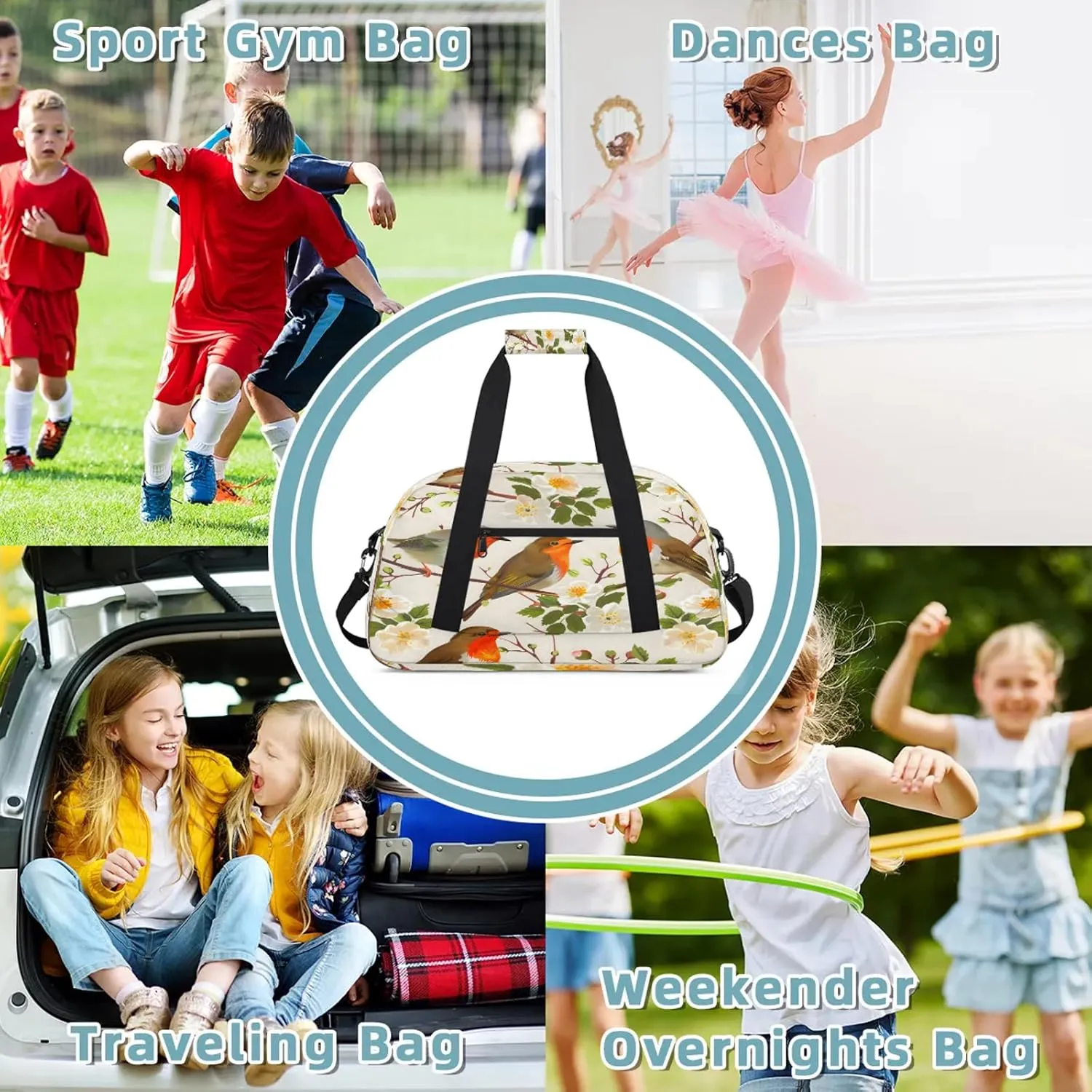 Floral Bird Small Gym Bag 18 inch Carry On Duffel Bag for Weekender Travel Sports Workout Yoga Gymnastics Dance Ballet