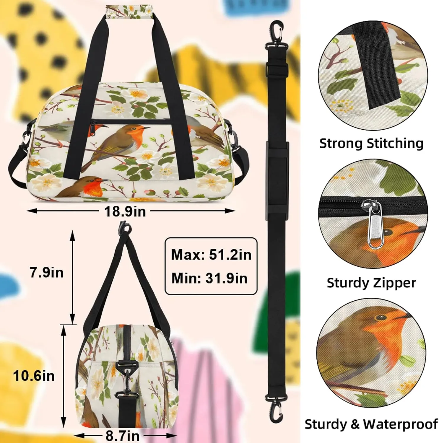 Floral Bird Small Gym Bag 18 inch Carry On Duffel Bag for Weekender Travel Sports Workout Yoga Gymnastics Dance Ballet