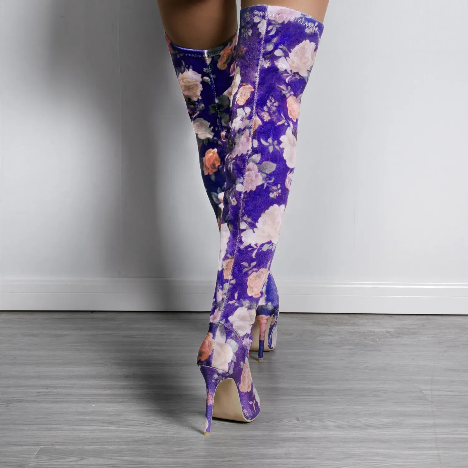 Floral Blue Thigh High Stiletto Heel Boots