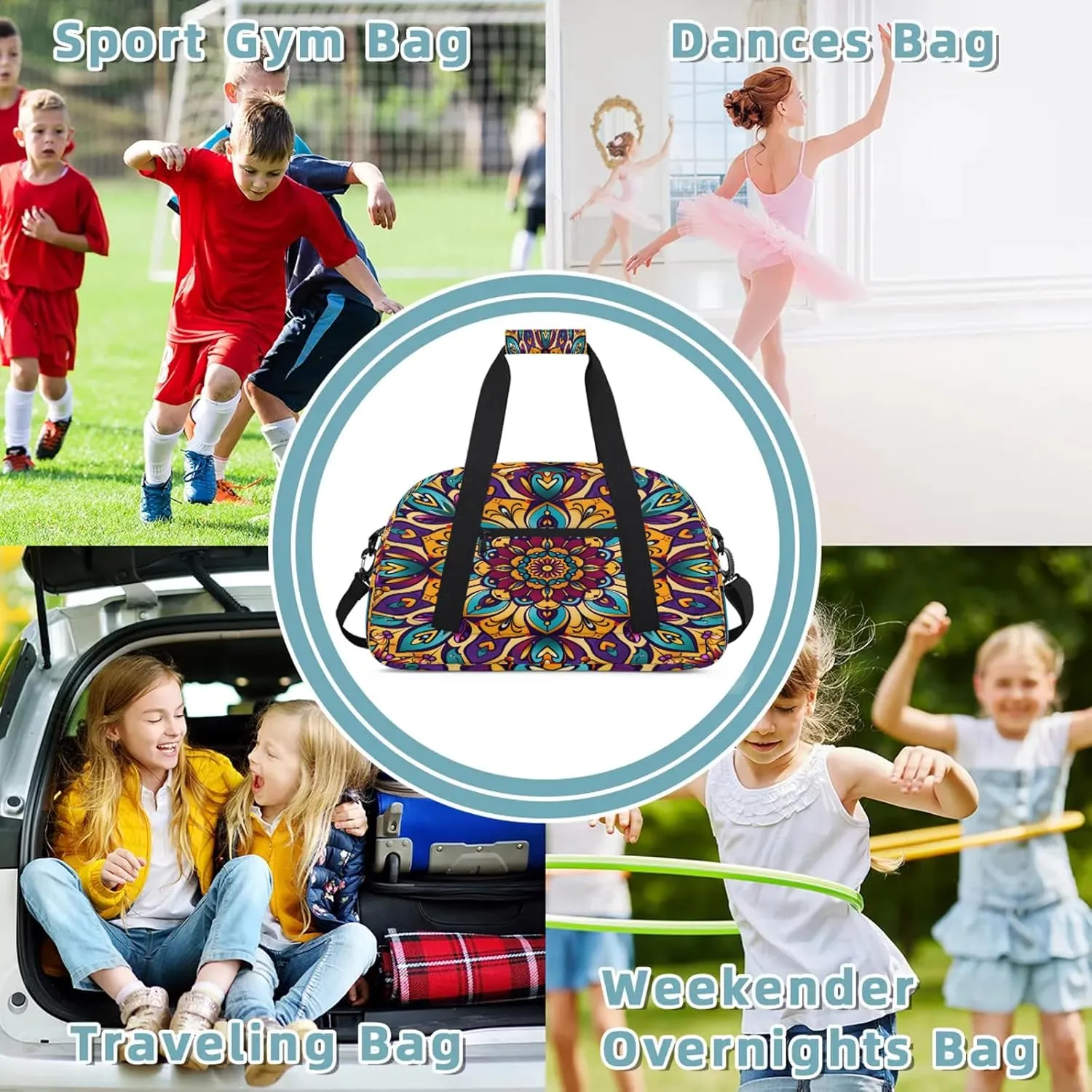 Floral Mandala Small Gym Bag 18 inch Carry On Duffel Bag for Weekender Travel Sports Workout Yoga Gymnastics Dance Ballet