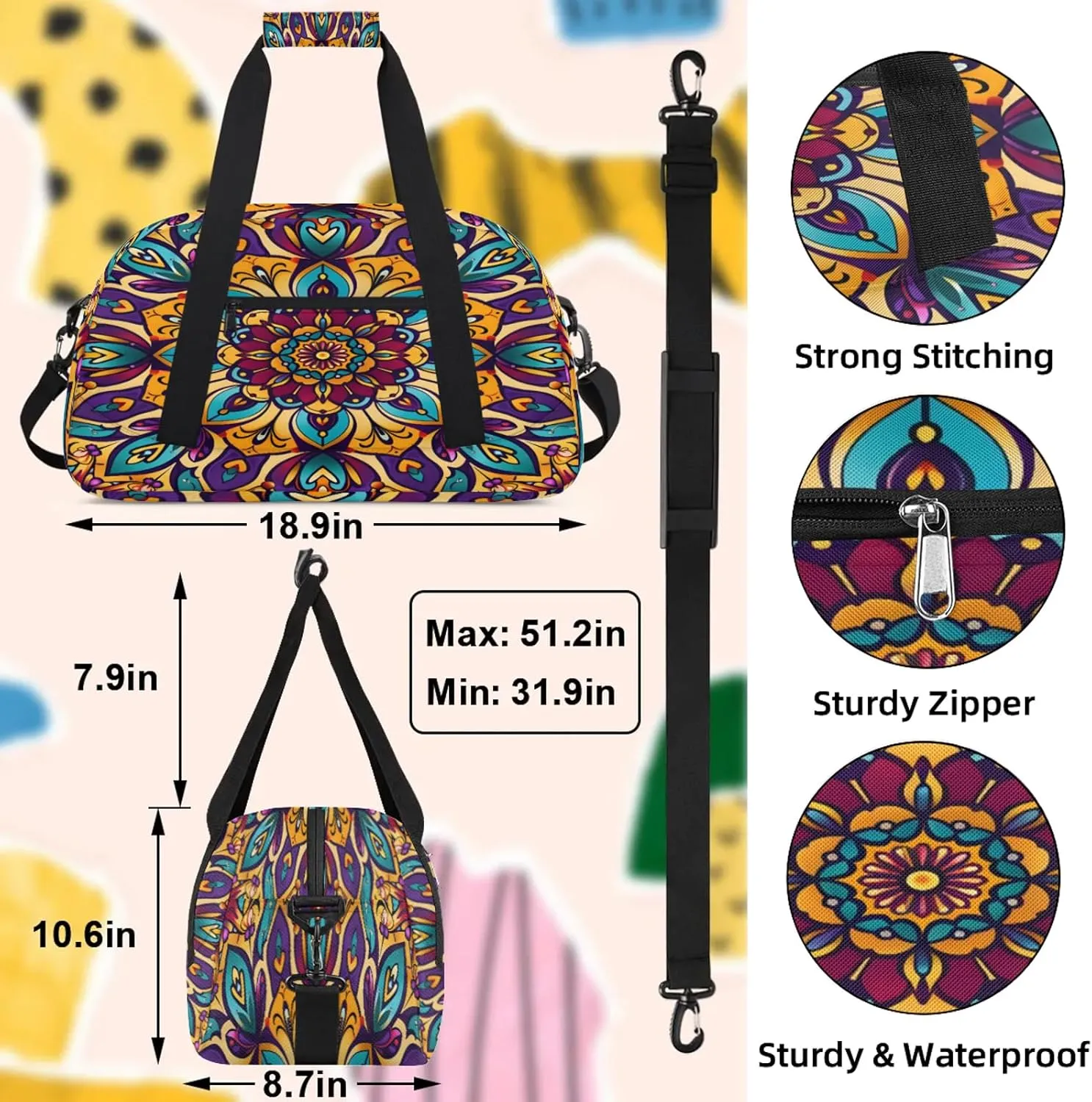 Floral Mandala Small Gym Bag 18 inch Carry On Duffel Bag for Weekender Travel Sports Workout Yoga Gymnastics Dance Ballet