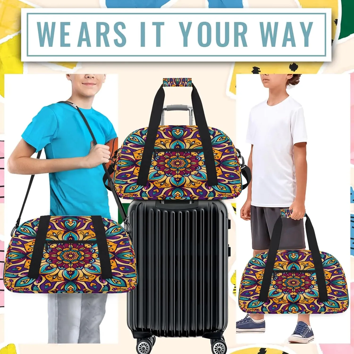 Floral Mandala Small Gym Bag 18 inch Carry On Duffel Bag for Weekender Travel Sports Workout Yoga Gymnastics Dance Ballet