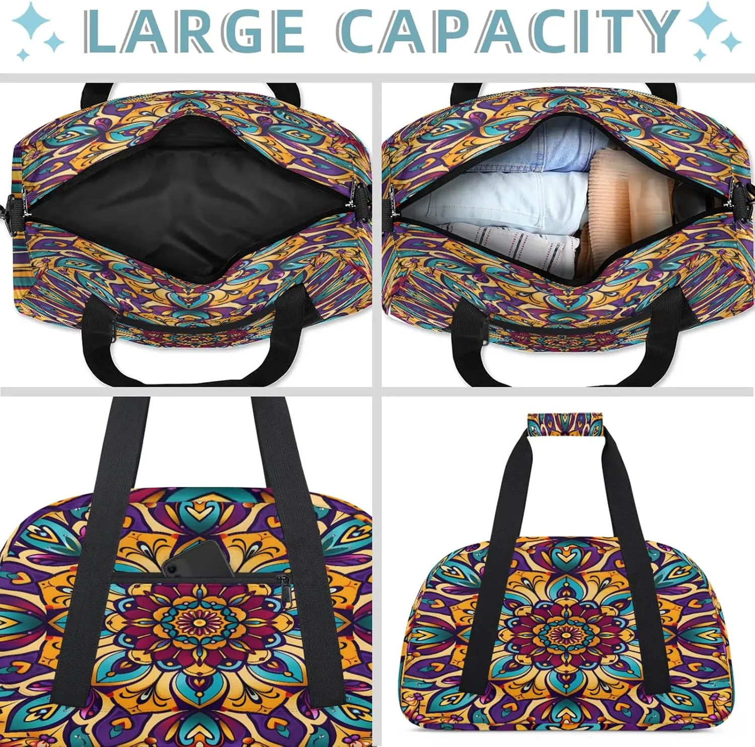 Floral Mandala Small Gym Bag 18 inch Carry On Duffel Bag for Weekender Travel Sports Workout Yoga Gymnastics Dance Ballet